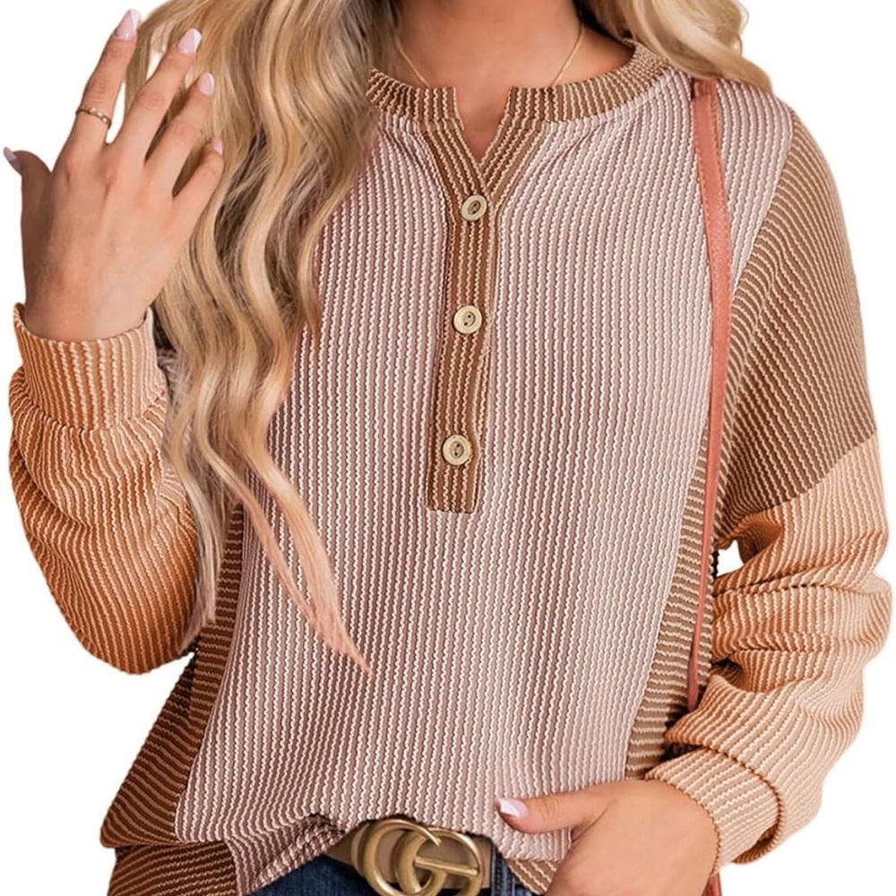 Women's Striped Button-Up Top - Brown